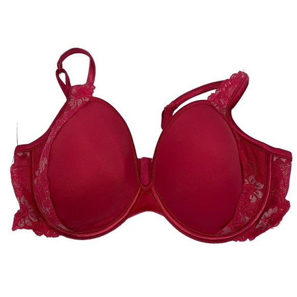 Victoria's Secret Angles Bra Size 34DD Lined Demi Pink Red Lace - Picture 1 of 5